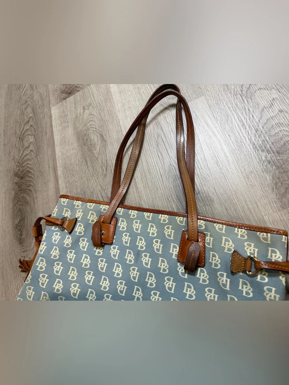 Dooney & Bourke Light Blue Monogram Tote with Brown Leather Trim